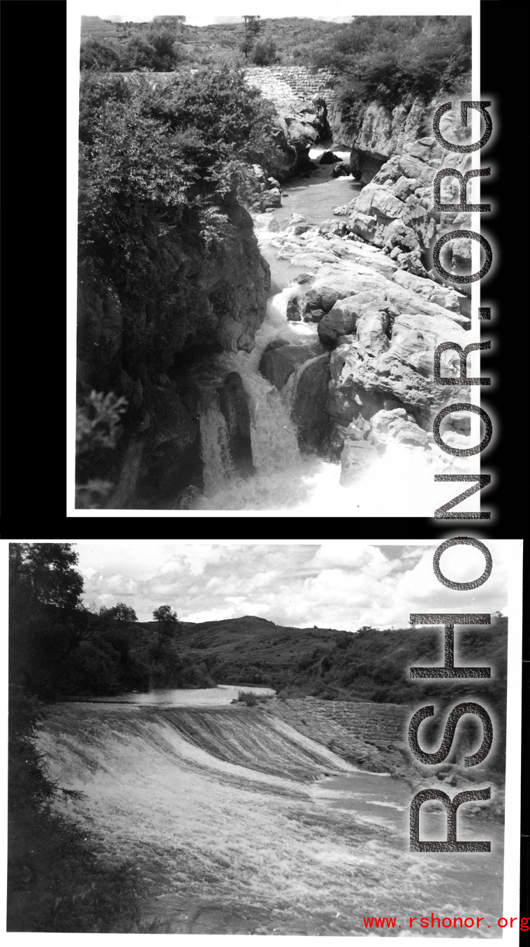 A dam and and falls about 8 miles southeast of the Luliang air base area in Yunnan province, China, where the GIs went to swim and relax. During WWII.