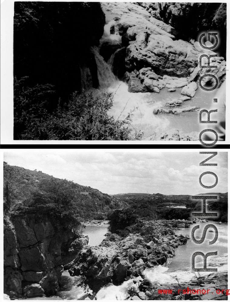 A dam and and falls about 8 miles southeast of the Luliang air base area in Yunnan province, China, where the GIs went to swim and relax. During WWII.