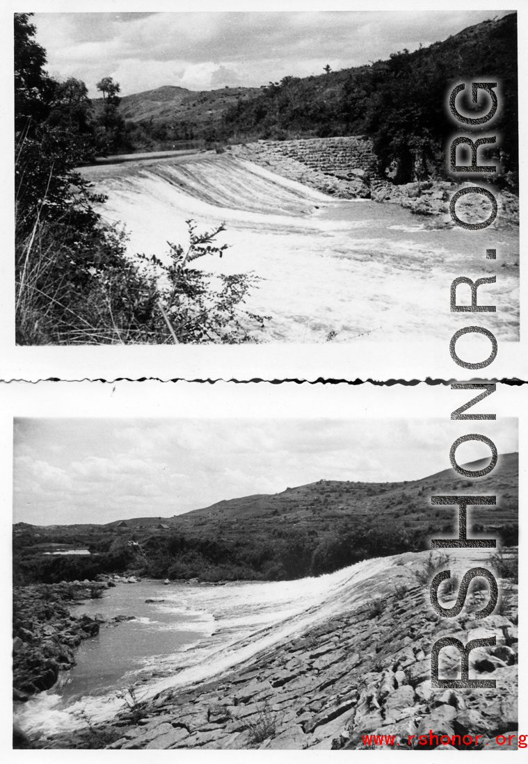 A dam and and falls about 8 miles southeast of the Luliang air base area in Yunnan province, China, where the GIs went to swim and relax. During WWII.