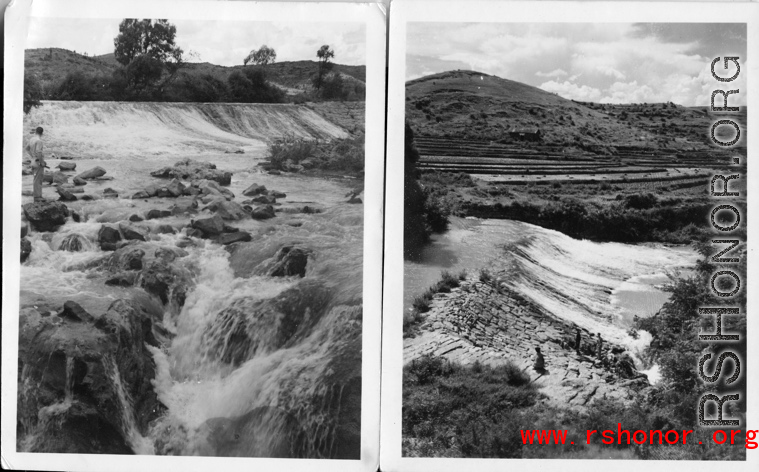 A dam and and falls about 8 miles southeast of the Luliang air base area in Yunnan province, China, where the GIs went to swim and relax. During WWII.