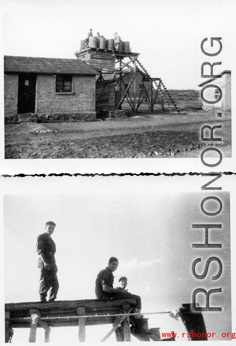 Workers fill water tank at an American base in Yunnan, China, during WWII.  GIs sitting on wooden platform.