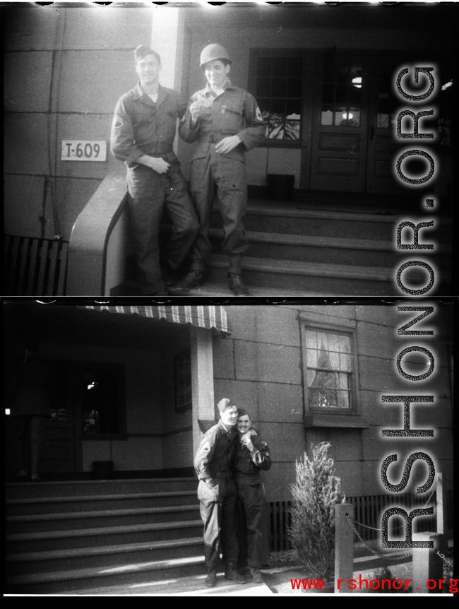 Two American GIs stateside during WWI, standing before building "T-609," presumably at a military base.