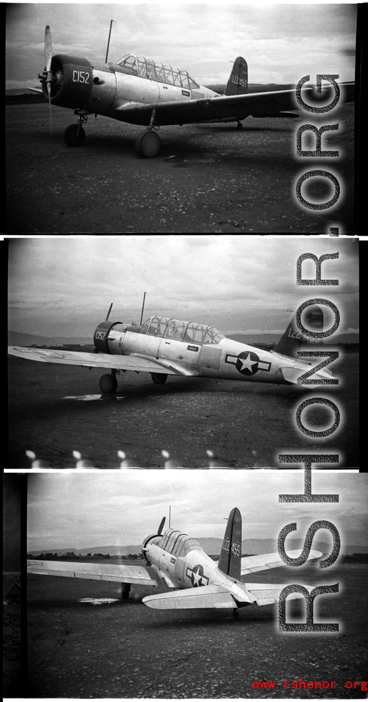 A Vultee BT-13 Valiant "trainer aircraft" with tail #122455. At the American air base at Luliang during WWII.