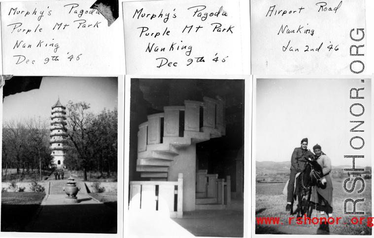 American woman on pagoda at Purple Mt. Park, Nanjing, China, late 1945; Chinese and American pose.