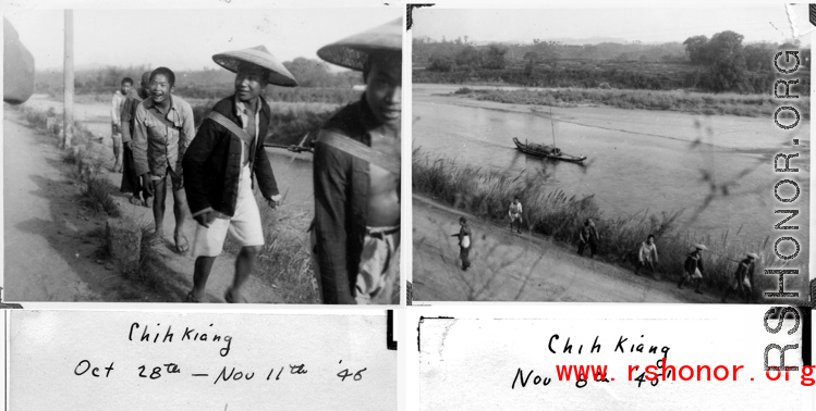 Life at Zhijiang, late 1945, with a boat on the river being pulled by human strength.