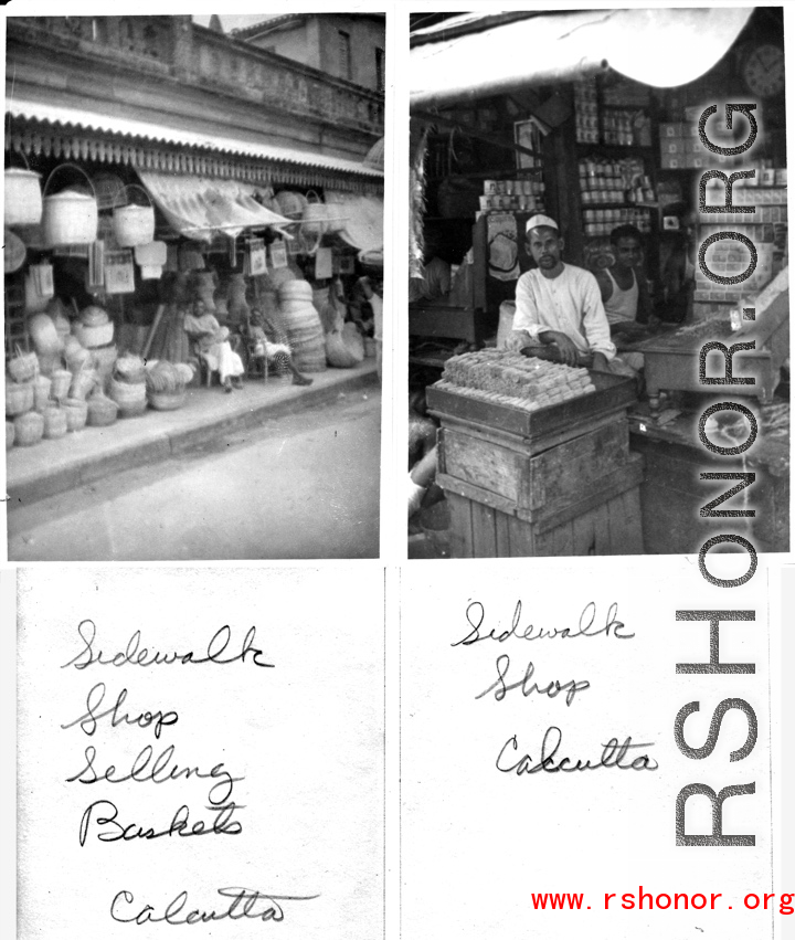 Sidewalk shops in Calcutta, India, during WWII.