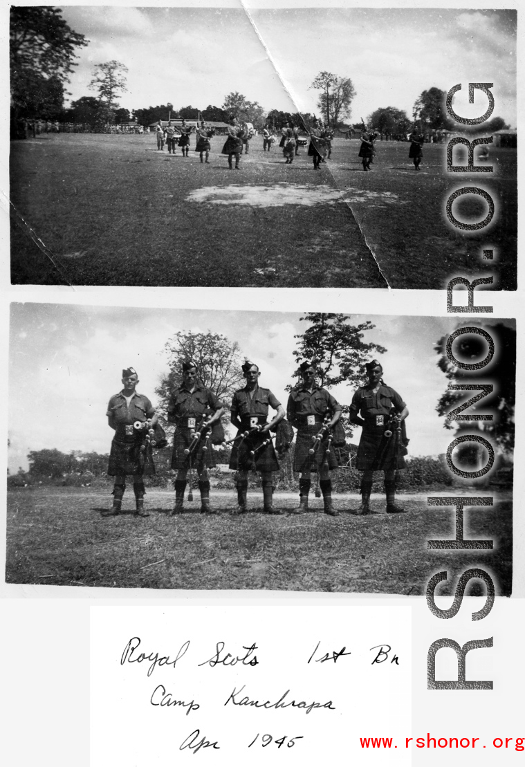 Royal Scots 1st Battalion at Camp Kanchrapara in the CBI during the Second World War, April 1945.