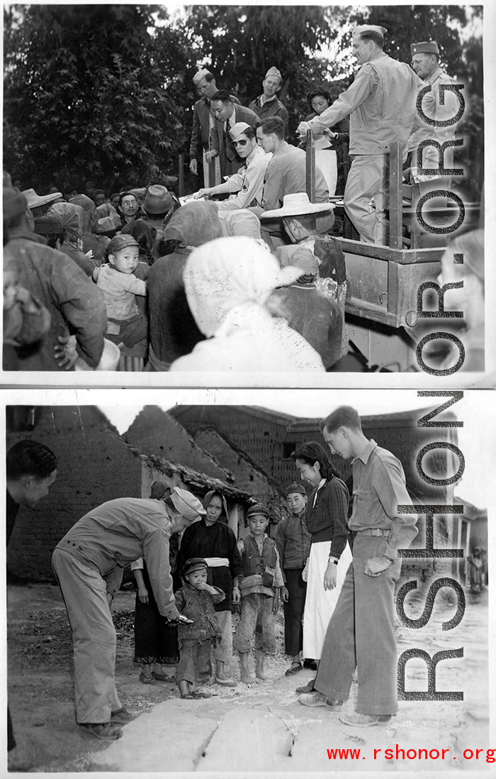 Chaplain Mengel lead his men to participate in outreach to the wartorn and impoverished Chinese countryside. These photos from Chaplain Mengel's private collection, show him with General Chennault, giving out donations from the US airmen.