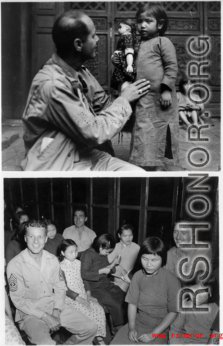 Chaplain Mengel lead his men to participate in outreach to the wartorn and impoverished Chinese countryside. These photos from Chaplain Mengel's private collection, show him with General Chennault, giving out donations from the US airmen. A collection had been taken to help rebuild bombed villages. They also visited mission schools, and assisted blind children's homes. Above, American soldiers interact with blind children.