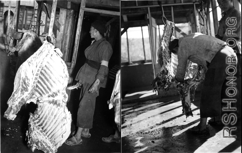 Chinese staff at work at a beef slaughterhouse at Yangkai, set up specifically to provide meat for base personnel. During WWII.