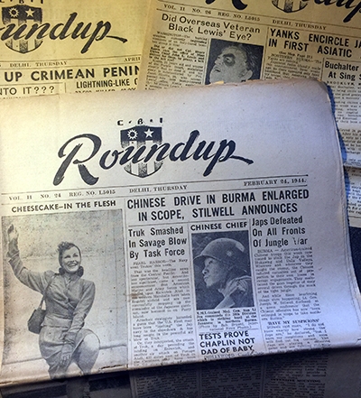 Ex-CBI Roundup came out in magazine form after the war, but the original CBI-Roundup was a war-time newspaper published and distributed regularly in the CBI. Issues included news, humor, and of course, stories and pictures of attractive stars or models, such as 'cheesecake' Paulette Goddard, above.