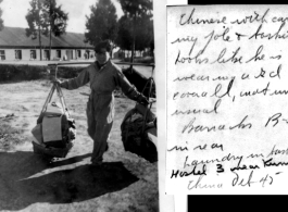 Worker with carrying pole at Hostel #3, Kunming, October 1945. Barracks B-5 in background.