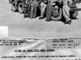 Bus for base transportation made of salvage parts by Chinese craftsmen, at 14th Air Force base.   Left to right: Cpl. Donald H. Beck, Pfc Carl H. Gossett, Lt. Arthur T. Esposito, T/Sgt. James P. Shearman, T/5 Leroy E. Terry.