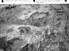 B-25s fly away from just-bombed Yishan (now Yizhou) in Guangxi province, SW China, among Karst peaks during the Japanese Ichigo campaign of summer and fall 1944. Towns along the Ichigo route were bombed by American planes as the Japanese moved into them, or sometimes in advance, to deny the resources of the towns to the incoming Japanese. The Japanese entered Yishan town on November 14, 1944, which should be the approximate date of this image--someone has labeled the path of Japanse entry directly on the or