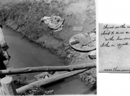 A mother carrying a baby crosses a ditch to get to the washing on the other side. April 1945. Near Kunming, China.