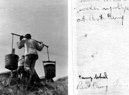 A Chinese laborer carries large buckets of water on a pole up the hill towards the accommodations at Camp Schiel during WWII.