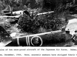 Ruined Zeros at Bahmo, Burma, December, 1944.  Photo from Earl C. Schaefer.