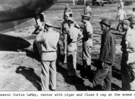 General Curtis LeMay at scene of first B-29 crash at Kharagpur, India.   Photo from Eldon F. Bradley (Sgt. Bradley in dark fatigues right foreground).