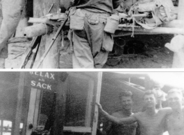 GIs with gear and water for action, and GIs resting, encouraged by the sign "RELAX at the SACK."  Images provided by Michael J. O'Brien.    In the CBI during WWII. 