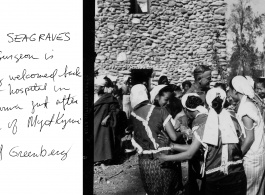 Dr. Gordon Seagrave receives joyful welcome at his bombed out hospital in Namhkan, Burma, after the surrender of Myitkyina.  Photo by Syd Greenberg.