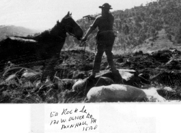 Army veterinarian shooting a horse. Notice he is standing on dead horses. Veterinary Service Remount Depot, Shillong, Assam, India. During WWII.  Photo from Ed Rock, Sr.