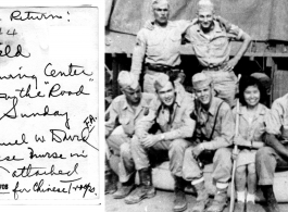 Sunday morning R & R for Field Artillery Training Center, Hostel #9 at Kunming. 1944. Major Samuel W. David on right, Chinese nurse in the middle was attached to Center for Chinese troops.  Photo from Samuel W. David. 