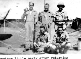 "A little party after returning to our home base in Burma." GIs a happy to drink beer in the CBI.