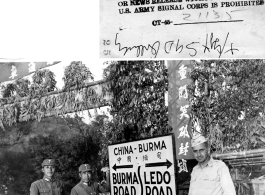 Col. Sells and two Chinese soldiers stand next to sign at the Burma-Ledo Road and Tengchong cutoff, in 1945.  Photo by T/Sgt. Syd Greenberg.