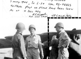 T/Sgt. Harold. D. Robertson (inset in image), ASN 17052777, disappeared during an L-5 flight on 7 May 1944. (Also in the image is Rex Davis, and Floyd Whitney; image taken at Desert Army Air Base, California, summer 1943. Image provided by 5th Liaison Squadron Flight Line Chief R. J. Koppel.)