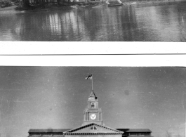 A temple structure in Burma (or India) and a western-style building with Nationalist insignia somewhere in China during WWII.