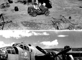 A North American B-25D of the 491st Bomb Squadron under goes  maintenance in a revetment at Yangkai, China in 1944. The aircraft is Sq # has been changed from "426", as seen on the side of the nose, to "447". 