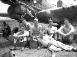 "Here Is A Group Of 396th Guys At Kwelin Taking A Break While Rebuilding One Of The P-40's. Souder, Reese, Kennedy, O'Connor, Rodriguez, and Thompson."