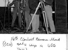 16th Combat Camera Unit set up to film a USO show in China during WWII. Herb Johnson, a former Disney animator, on the right.  From the collection of Hal Geer.