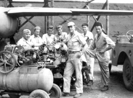 At #444's engine change, Yangkai, China, July 1944. S/Sgt Domonique Beaudetter, T/Sgt George Butsika, S/Sgt Elmer Peterson, S/Sgt Joseph Burns, M/Sgt John Aspinwall, T/Sgt Karl Hammett, S/Sgt Frank Bert. (Info courtesy Tony Strotman)