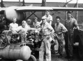 There were no hangars at Yangkai AB, nor any airbase in China. This required all aircraft maintenance to be performed in the open, regardless of weather conditions. These 491st Bomb Squadron mechanics are changing engines on squadron aircraft #444, "Shark Mouth", in the spring of 1944. Frenchy Beaudetter, George Butsika, John Burns, John Aspinwall, Karl Hammett, Frank Bert, Frank Bates.  (Info courtesy Tony Strotman) 