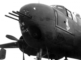 The B-25 "Ann of Temple" in the CBI during WWII. The nose also has "Goldie" written on the nose, and a cat figure with "K'man" below it.