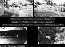 Awarding soldiers of the 708th Engineer Distribution Petroleum Company medals for beyond the call of duty. Chittagong, India.  961st Petroleum Products Laboratory building.  Workers in the mud or in spilled petroleum.