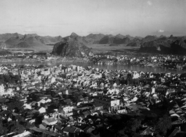 Aerial view of Liuzhou, Guangxi, China, during WWII, showing the break-neck post-occupation recovery and rebuilding after the Japanese retreat. 1945.