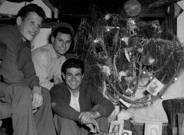 Christmas in the barracks at Yangkai, China, 1944. James Devol, Louis Macaluso, Vincent Luccarelli. 