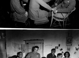 Around the time of the rally, junior officers gather in a well-off home for a jovial and friendly meal. The meal is being hosted in the home of the young woman standing in a dress against the back wall in both images--as evidenced by the photo portrait of her on the wall. She is either the wife in the home, or a trusted older daughter.  In the lower image, Eugene Wozniak is seated at the far left. That he--as a foreigner--is welcome and invited to this kind of intimate event is a testament not only of the g