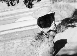 A woman walks in the countryside in Yunnan province, China. During WWII.