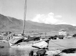 A wooden boat and stone tower at Xiaguan Township (下关), in western Yunnan province, along the route of the Burma Road, and at the outlet of Erhai Lake (洱海). During WWII.