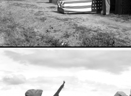 Funeral in Kunming of American killed during war time in China. Officiated by Chaplain Dwayne H. Mengel. With gun salute. Life goes on: A C-47 transport flies overhead during the ceremony.​​​​​​​​​​​​​​