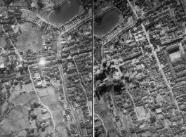 Bombing of small walled town likely in SW China (esp. Guangxi), but possibly in Burma, or French Indochina. During WWII. Signs of previous bombings are visible about, including destroyed houses along the main road, and bomb craters here and there. The bright white spot is the arc flash of a bomb explosion, caught exactly at the right time.