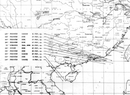 Sea sweep air mission map for July 1944, showing locations near or in China where attacks were made on Japanese by U. S. aircraft.  From the U.S. Government sources.