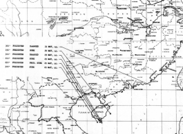 Sea sweep air mission map for May 1944, showing locations near or in China where attacks were made on Japanese by U. S. aircraft.  From the U.S. Government sources.