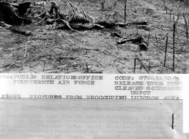 From: Public Relations Office Fourteenth Air Force Code 07041430/B Release On Rcpt Cleared Goldberg USFCT  -FIRST PICTURES FROM REOCCUPIED LIUCHOW AREA-  Valley of the Dead Fourteenth Air Force Headquarters, In China--  Here in the Valley of the Dead, southwest of Liuchow, fighters of the Fourteenth Air Force caught a cavalry column headed towards Liuchow. Japanese did not have time to bury their dead and the remains of horses and horsemen lay scattered throughout the valley.