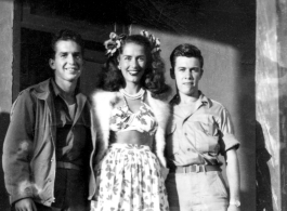 Jinx Falkenburg, Jim Lewter, and friend, during Jinx's visit to 95th Station Hospital in Kunming, sometime 1943-45.  Photo from Jim Lewter.