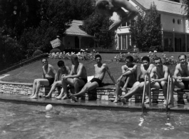 GIs do poolside R&R, during WWII, at hilltop rest house or manor house. In India? Ceylon?