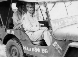 Major Gen. Charles B. Stone, and another officer, riding a 341st Bomb Group, 14th Air Force, jeep during a visit to Yangkai on the August 29, 1945.  The jeep has stenciled "Chabua" (India), however groups and materials moved around, so it is not surprising to see this jeep in China, especially by the summer of 1945.